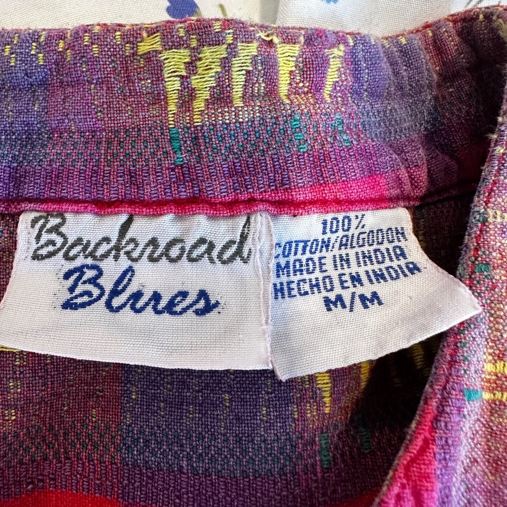 VTG Backroad Blues vivid colorful geometric pink plaid blouse mandarin collar. - Picture 10 of 10